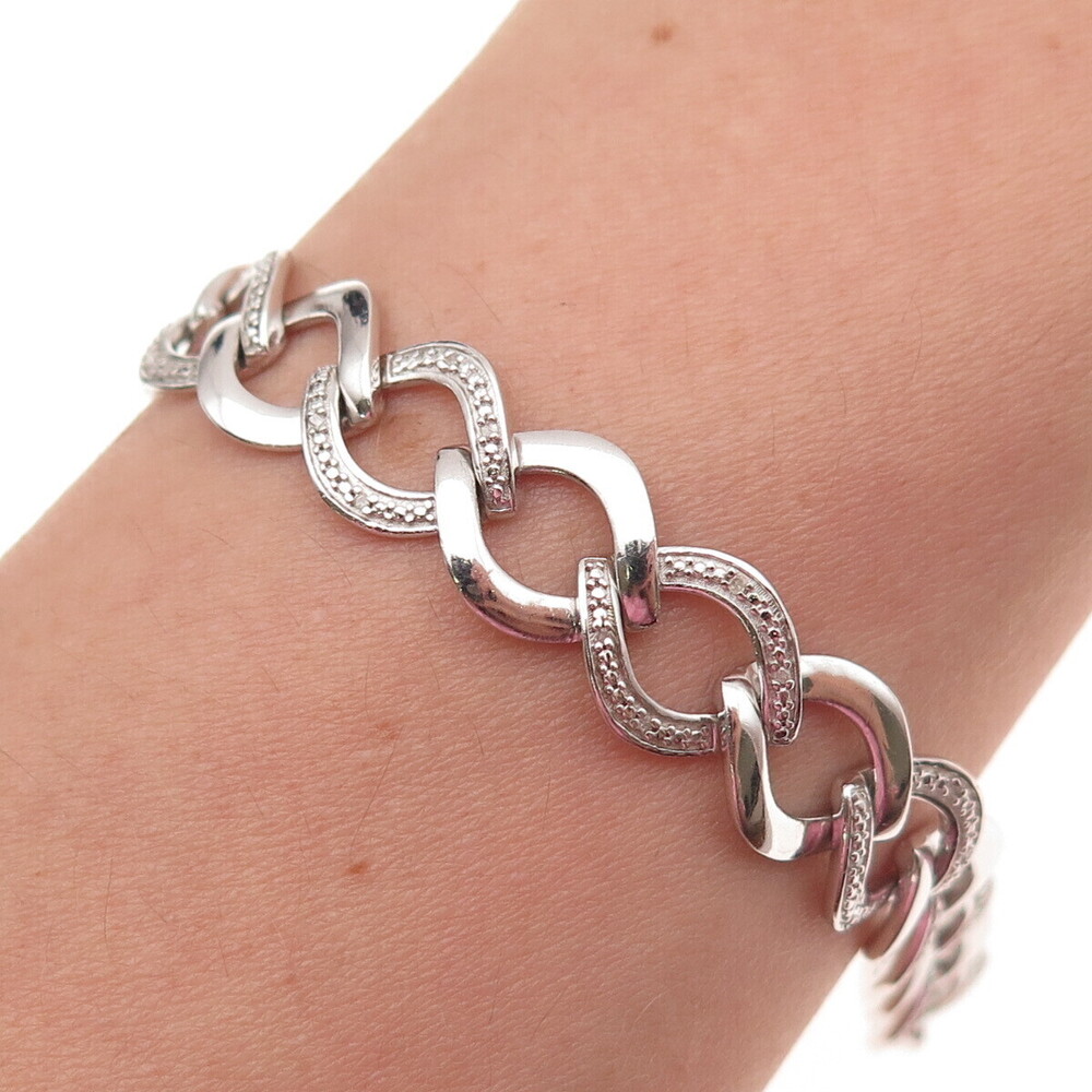 925 Sterling Silver Real Round-Cut Diamond Curb Link Bracelet 7.25"